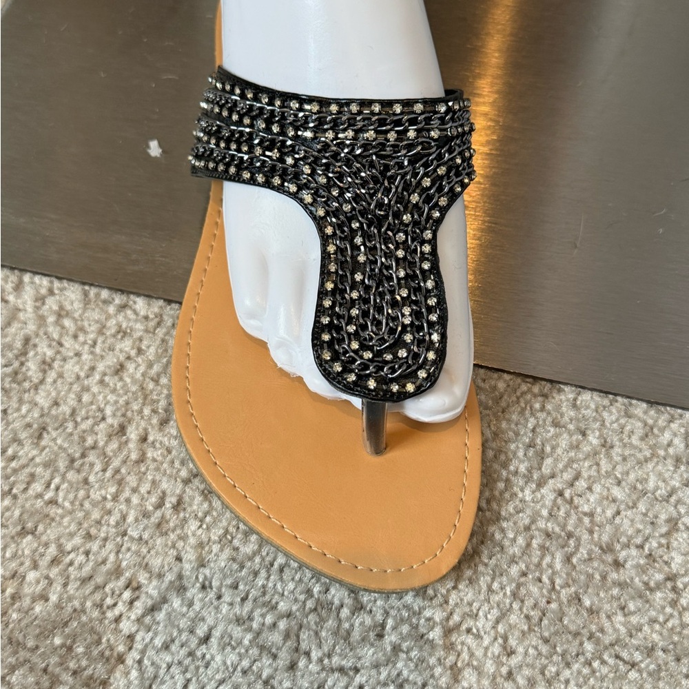 Black Rhinestone and Chains T Strap Sandals